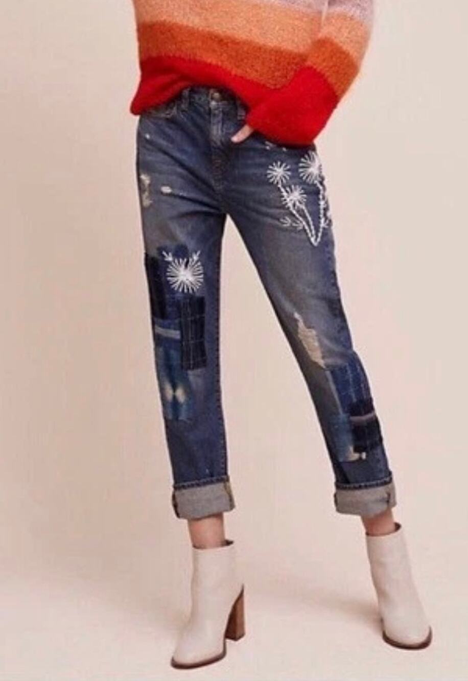 Anthropologie Artisan De Luxe Cropped Jeans Size 29 PatchWork Embroidered Boho